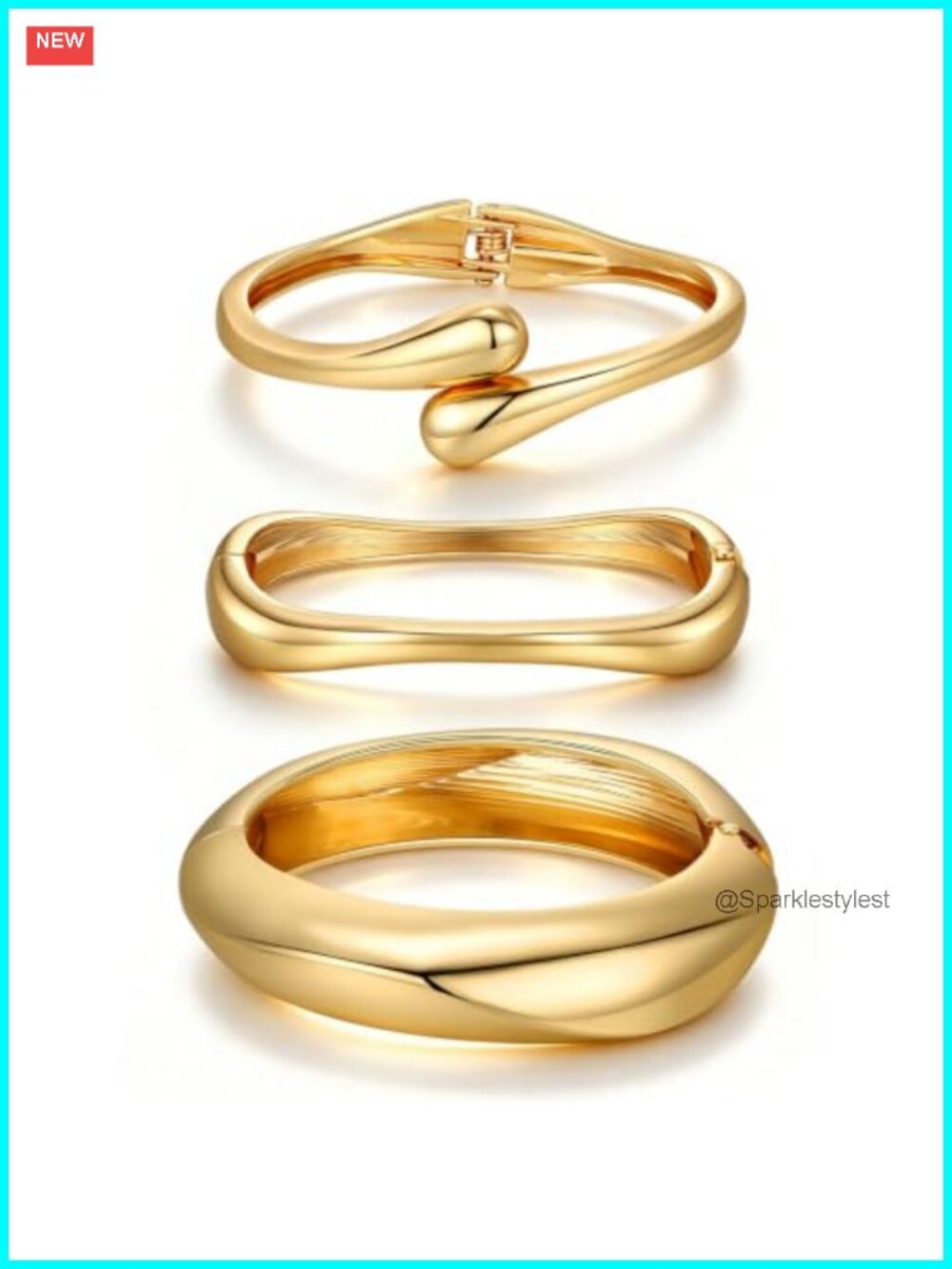 14K Gold Plated Chunky Bangle Bracelet Set of 3 Stackable Cuff Bracelets